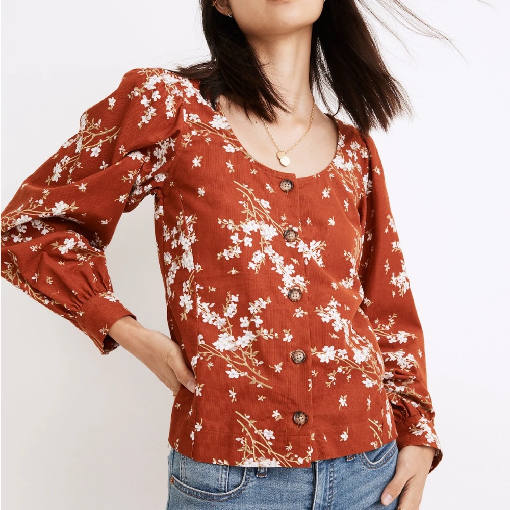 Madewell Corduroy Shirred-Sleeve Button Top Farmstand Bouquet Floral XS